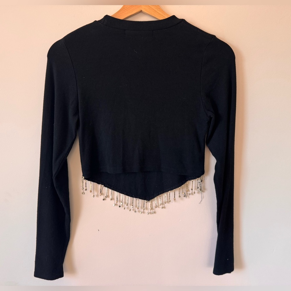 Elegant Black Long Sleeve Top with Beaded Rhinestones Size L - Picture 3 of 6